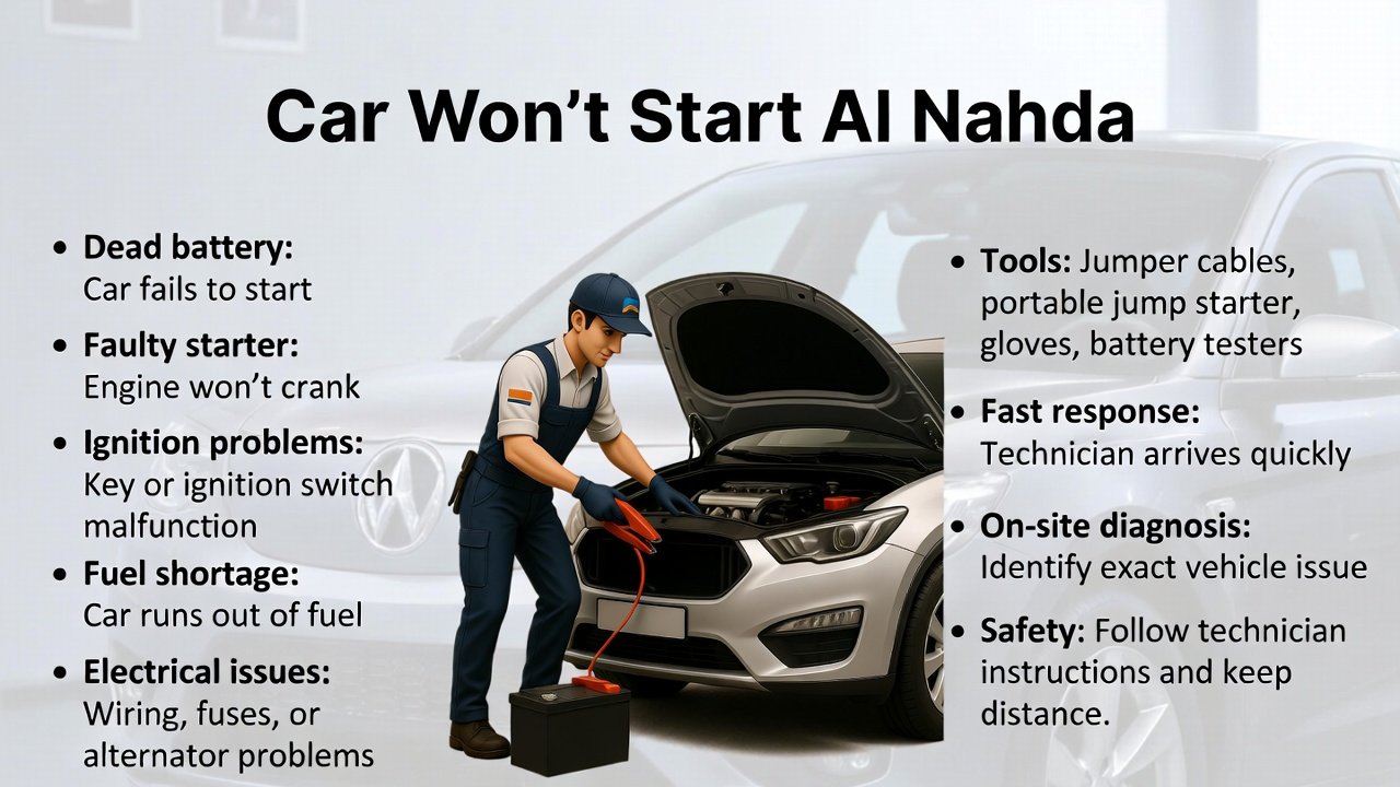 "Animated illustration of a technician assisting a car that won’t start in Al Nahda, with title on top and key points displayed on the sides."