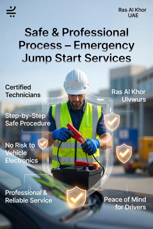 Technician safely performing a jump start on a car with protective measures and key benefits highlighted on both sides