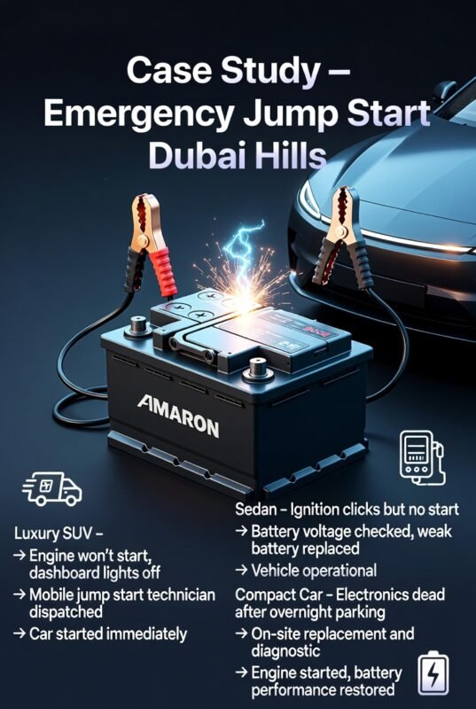 Emergency jump start Dubai Hills case study infographic showing vehicle problems, solutions, and results with a central premium car battery illustration.