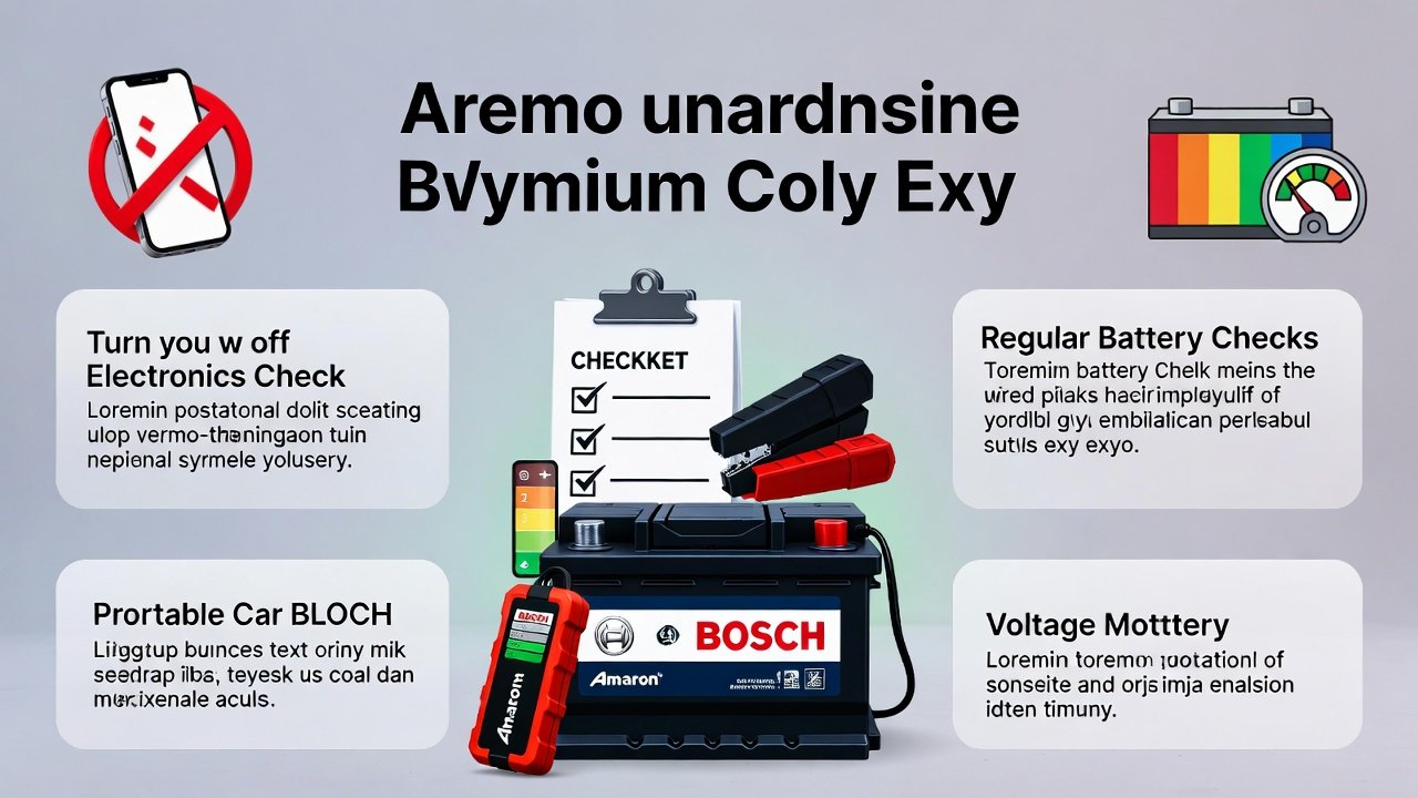 “Animated infographic showing preventive tips for battery health in Oud Metha, with title at the top, key tips on sides, and premium battery illustration in the center.”