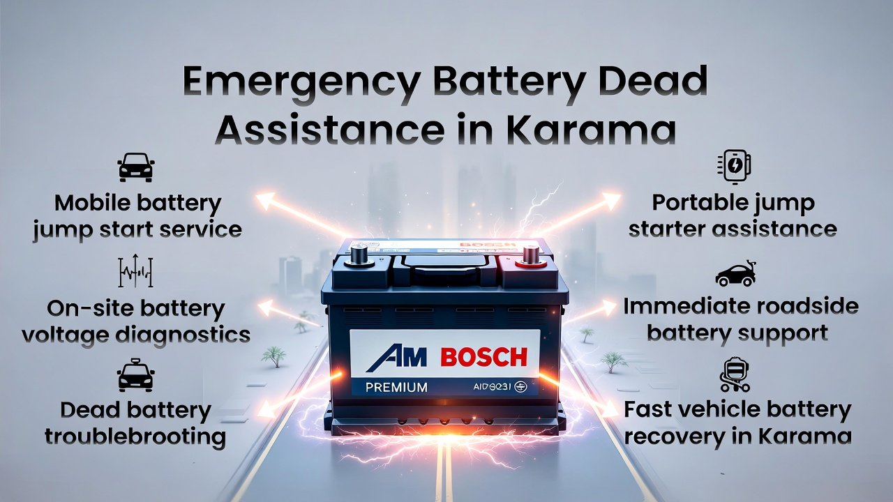 Infographic showing emergency battery dead assistance in Karama with title at the top, roadside service points on both sides, and a premium glowing car battery illustration in the center.