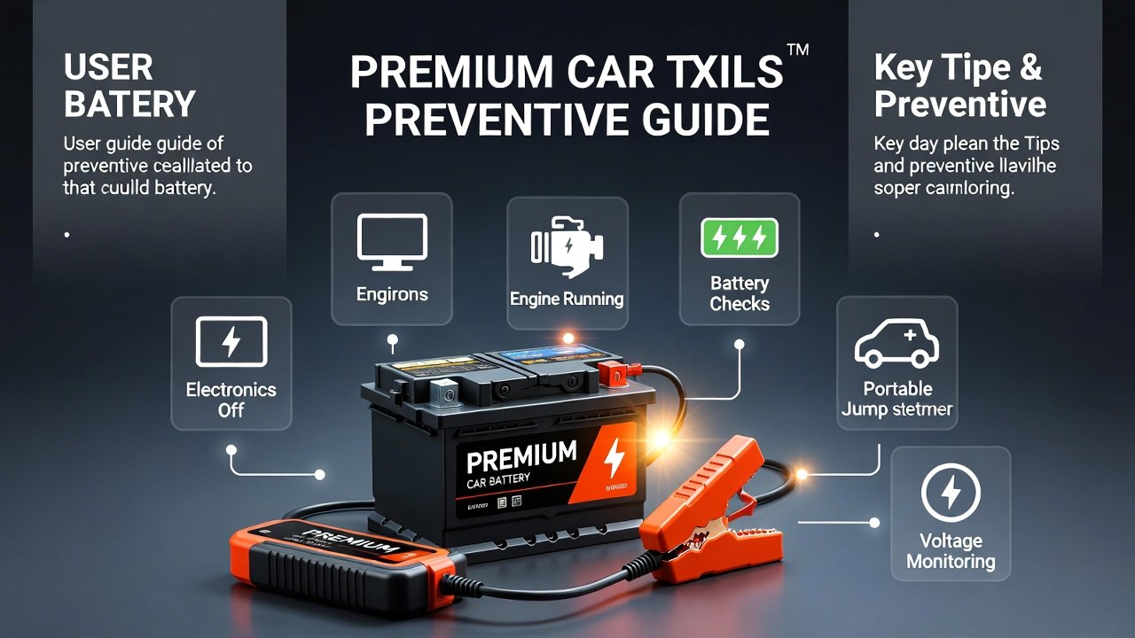 “Animated infographic showing preventive tips for emergency battery situations, with title at the top, key tips on sides, and premium battery illustration in the center.”