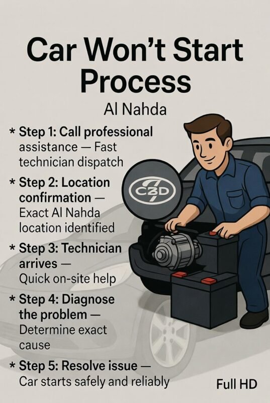 "Animated illustration showing a technician performing the Car Won’t Start Process in Al Nahda, with title on top and step-by-step process points on the sides."