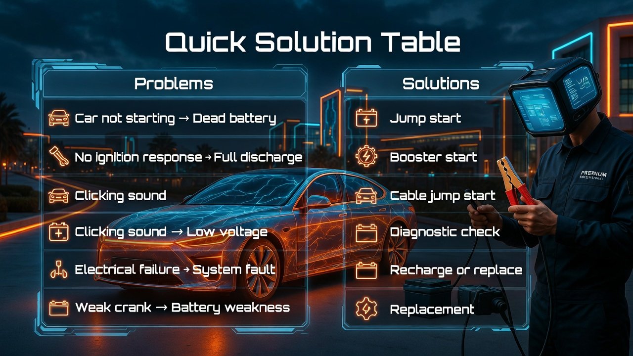 Infographic table showing quick solutions for car jump start in Academic City Dubai including problems, causes, and fixes.