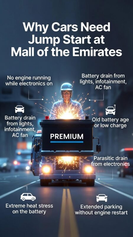 "Infographic image titled 'Why Cars Need Jump Start at Mall of the Emirates', showing central animated premium car battery with spark effects, key battery drain triggers on sides in bullet points, modern professional infographic style."