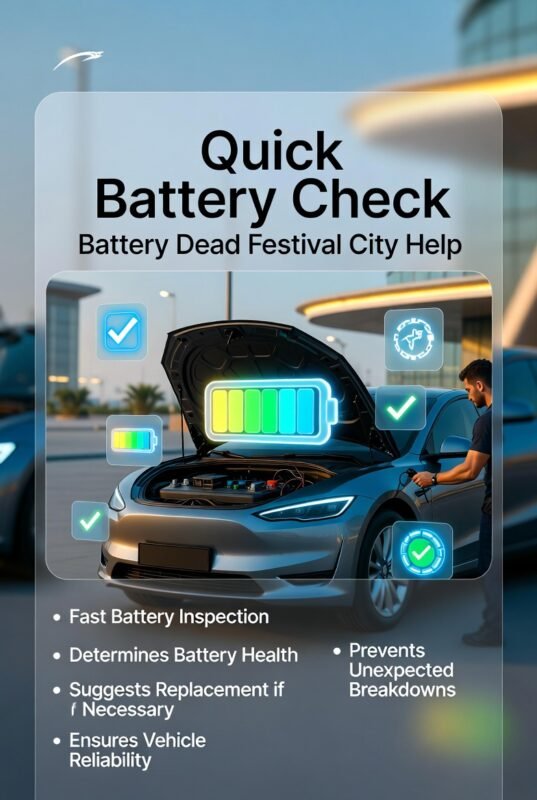 Technician performing a fast battery check on a car in Festival City, Dubai with key benefits highlighted on sides