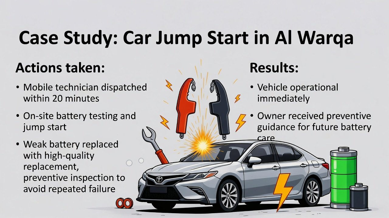 "Infographic case study of a car jump start in Al Warqa, showing title on top, action points on the left, results on the right, and an animated central Toyota Camry illustration with battery jump animation."