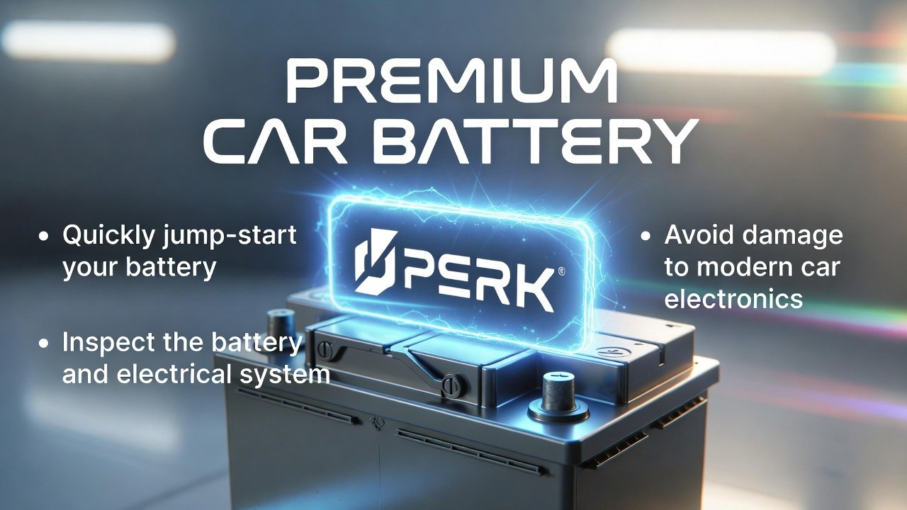 “User guide image showing main title at top, professional car battery in the center, and guide points on both sides in clean, animated style.”