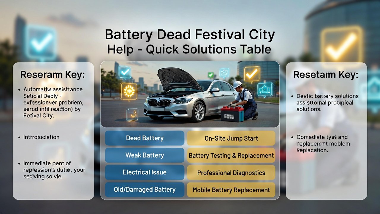 Technician providing quick battery solutions in Festival City, Dubai with infographic-style table showing problem and immediate solution
