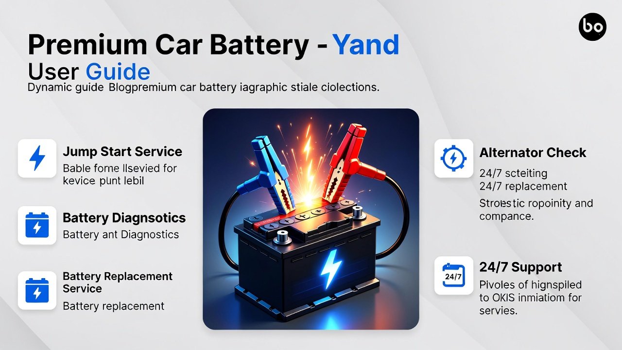 “Animated infographic showing emergency jump start Oud Metha services, with title at the top, key service points on sides, and premium battery in the center.”