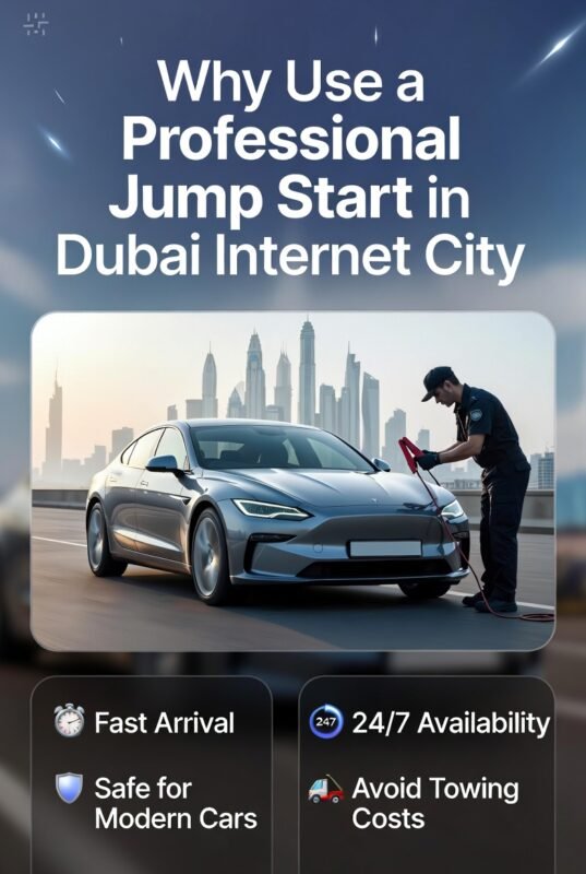 Professional infographic showing benefits of car jump start in Dubai Internet City with a central car and key advantages displayed on both sides.