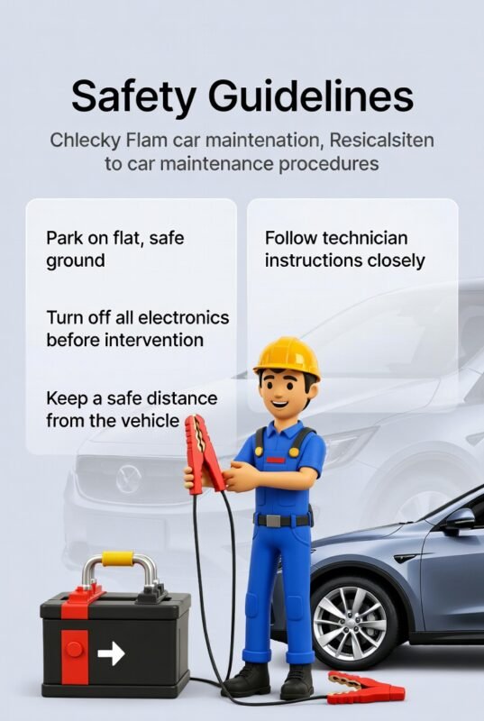 "Animated illustration showing a technician demonstrating safety guidelines for restarting a car, with title on top and key safety steps on the sides."