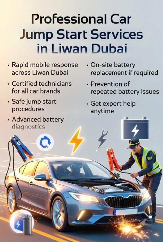 "Infographic showing professional car jump start services in Liwan Dubai, with title on top, key service points on both sides, and animated central car illustration with a technician performing a jump start."
