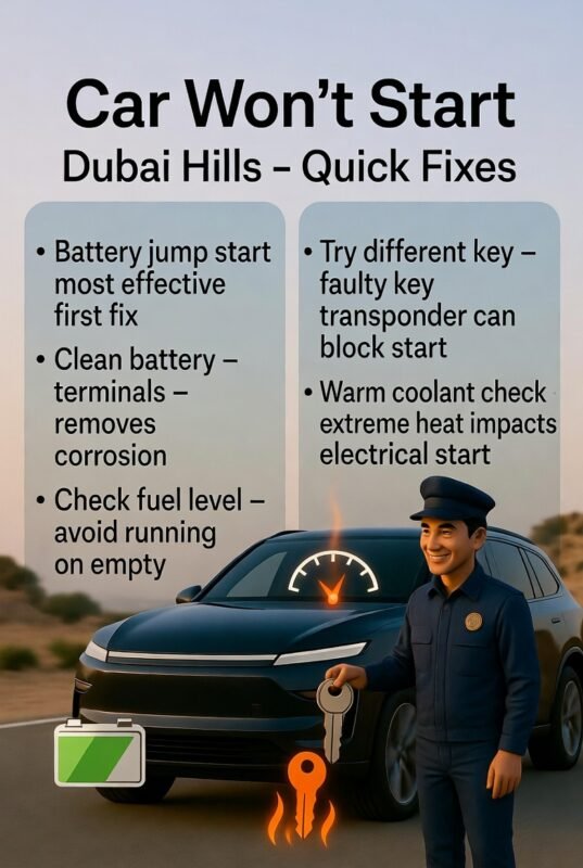 "Infographic showing Car Won’t Start Dubai Hills – Quick Fixes with title at top, key actionable fixes as side bullets, and animated-style roadside assistance technician performing fixes on a luxury SUV in Dubai Hills with icons for battery, terminals, fuel, key, and coolant."