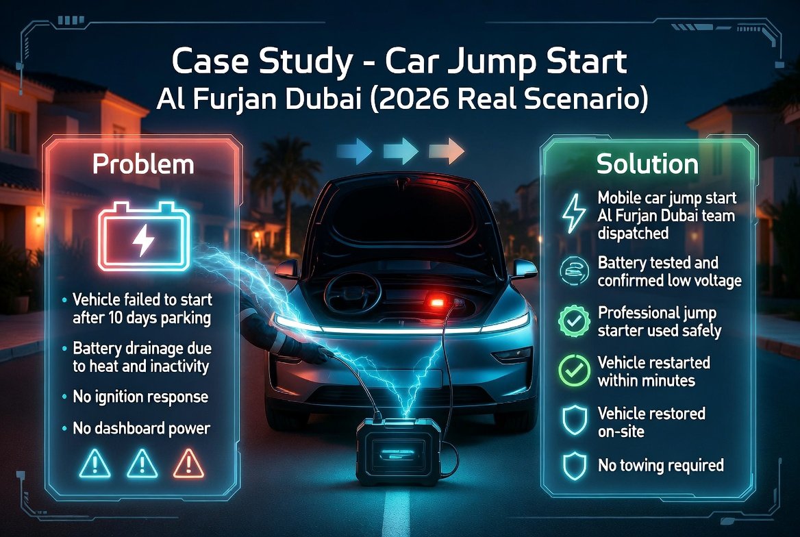 Car jump start Al Furjan Dubai 2026 case study infographic showing dead battery problem, mobile technician solution, and successful vehicle restart.