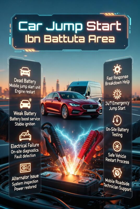 Car jump start service infographic showing mobile roadside technician restarting a vehicle in Ibn Battuta area with battery issues and service breakdown points.