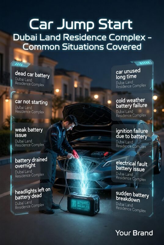 Mobile mechanic performing roadside car jump start in Dubai Land Residence Complex at night, showing dead battery emergency scenarios in infographic style on both sides.
