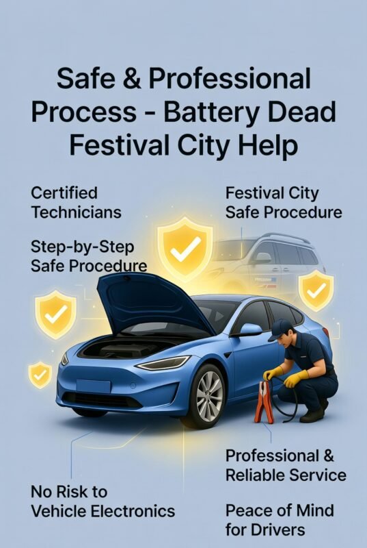 Technician safely performing a car jump start in Festival City, Dubai with protective icons and key service benefits highlighted on sides