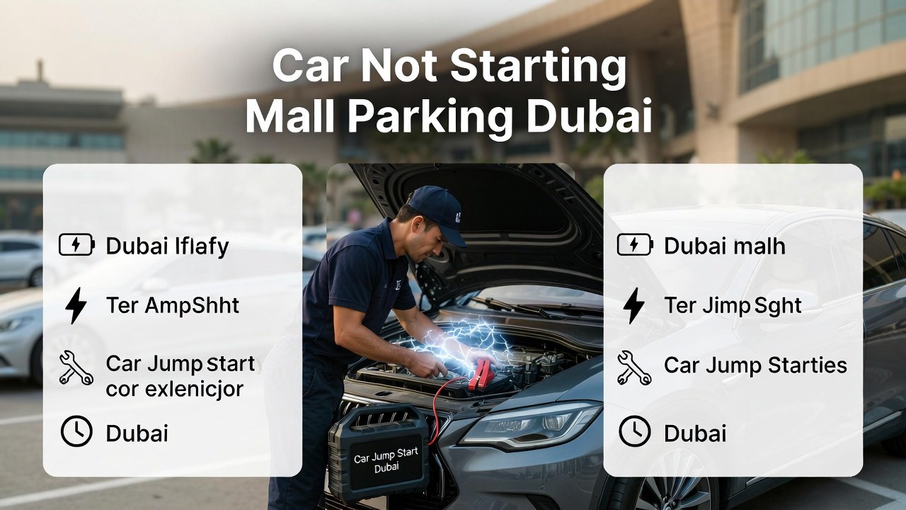 Infographic showing a technician jump-starting a car in a Dubai mall parking lot, with animated electricity effects in the center and side panels displaying key tips or steps.