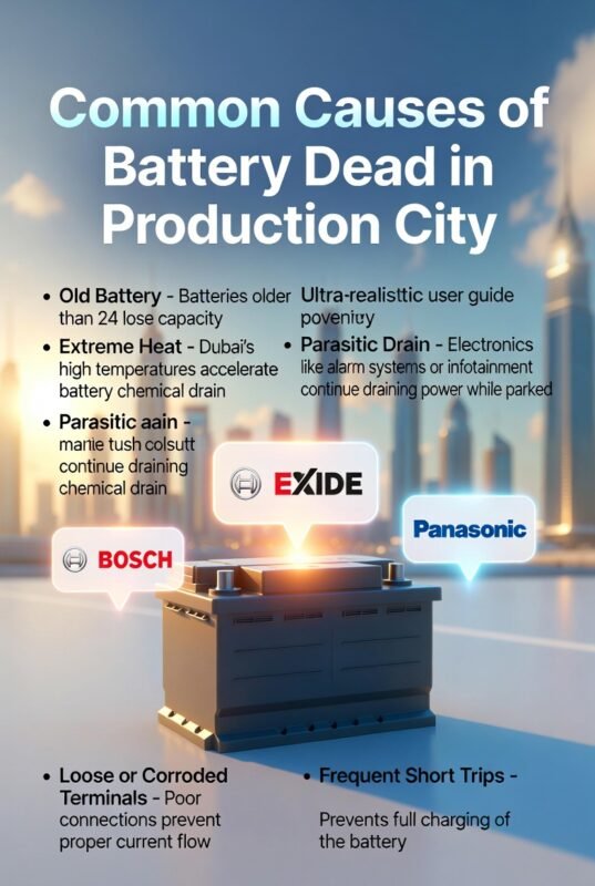 "Visual guide showing common causes of car battery dead in Production City. Central car battery glowing with animated effect, surrounded by Bosch, Exide, and Panasonic logos. Key causes listed as bullet points on the sides, Dubai skyline in the background."