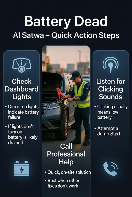 "Infographic showing Battery Dead Al Satwa – Quick Action Steps with title at top, key steps as side bullets, and animated-style roadside assistance technician jump-starting a luxury SUV in Al Satwa with icons for dashboard lights, interior lights, starter click, battery, jump cables, and emergency call."