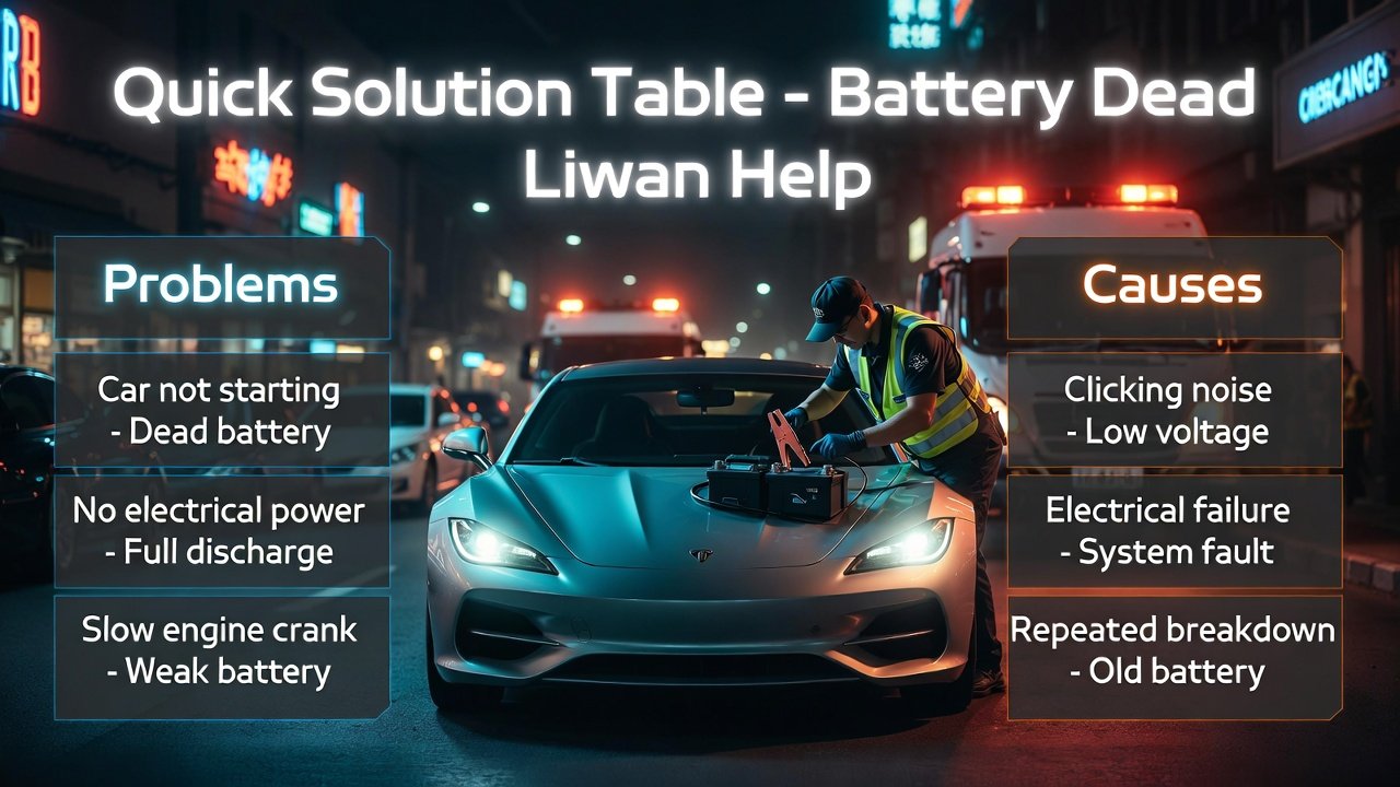 Infographic showing quick solution table for battery dead Liwan help with problems, causes, and immediate solutions alongside a central roadside mechanic scene.