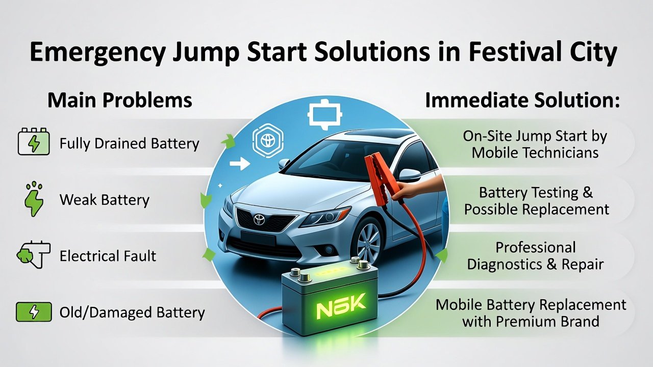 "User guide infographic showing emergency jump start solutions in Festival City with a central car image being jump-started and side bullet points highlighting problems and their immediate solutions."