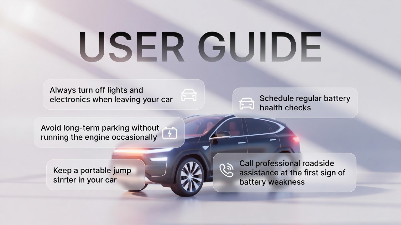 "User guide feature image showing editable title at top, quick driver tips on sides, and luxury SUV in animated infographic style at center."