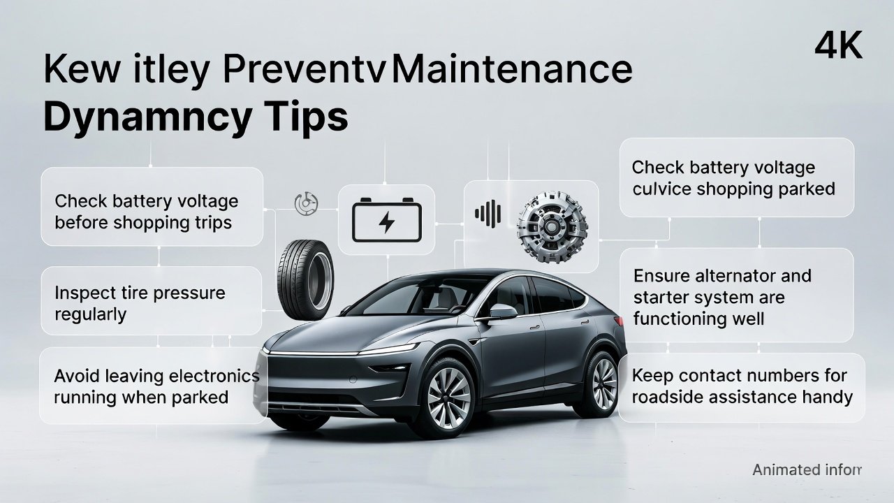 "Feature image for preventive maintenance tips showing editable title at top, key points on sides, and luxury SUV in animated infographic style at the center."