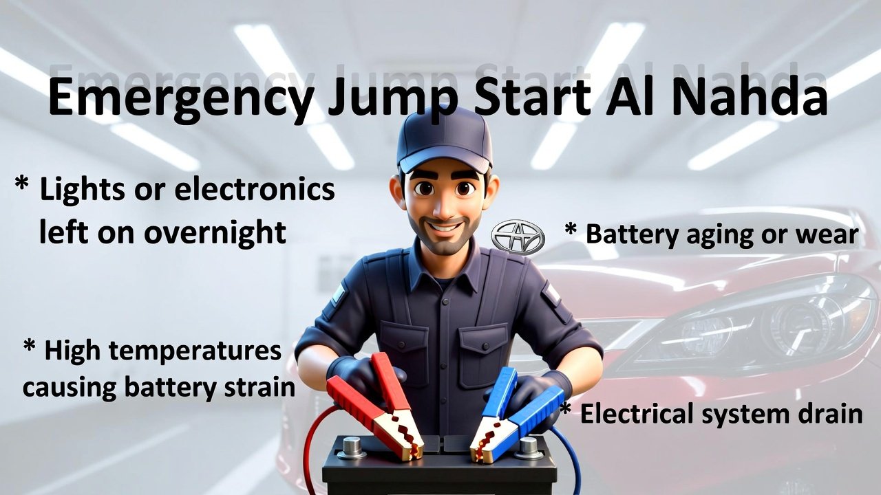 "Animated illustration showing a technician jump-starting a car battery for Emergency Jump Start Al Nahda, with title on top and key points on the sides."