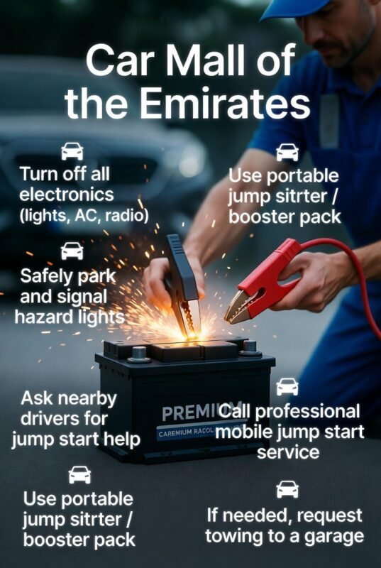 "Infographic image titled 'Car Mall of the Emirates', showing central animated premium car battery or roadside technician performing jump start, key jump start steps on sides in bullet points, modern professional infographic design."
