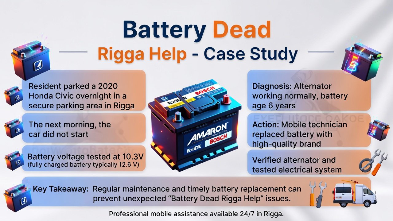 "Battery Dead Rigga Help case study infographic showing title on top, key points from scenario, diagnosis, action taken, and takeaway on sides, with premium battery in the center and animated infographic style."
