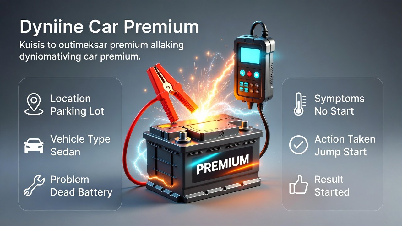“Infographic-style animated illustration showing a case study of emergency jump start Oud Metha, with title at the top, key case details on sides, and premium battery in the center.”