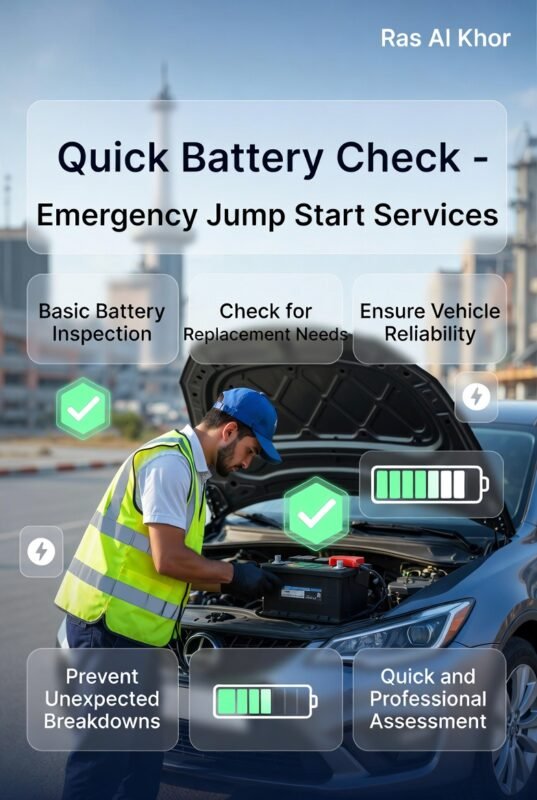 Technician performing a quick battery check with key service benefits displayed on both sides