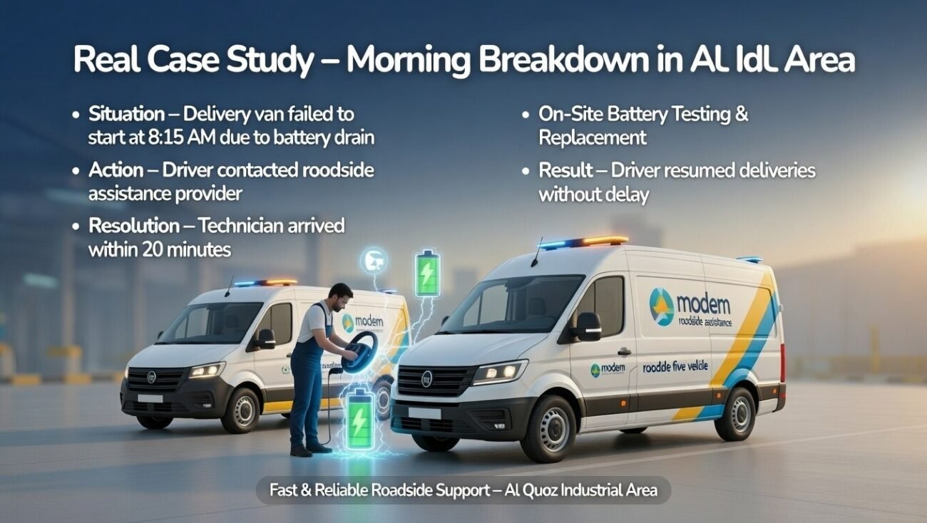 “Real case study of morning breakdown in Al Quoz Industrial Area showing battery drain situation and quick roadside response, with branded assistance vehicle in center, animated professional style.”