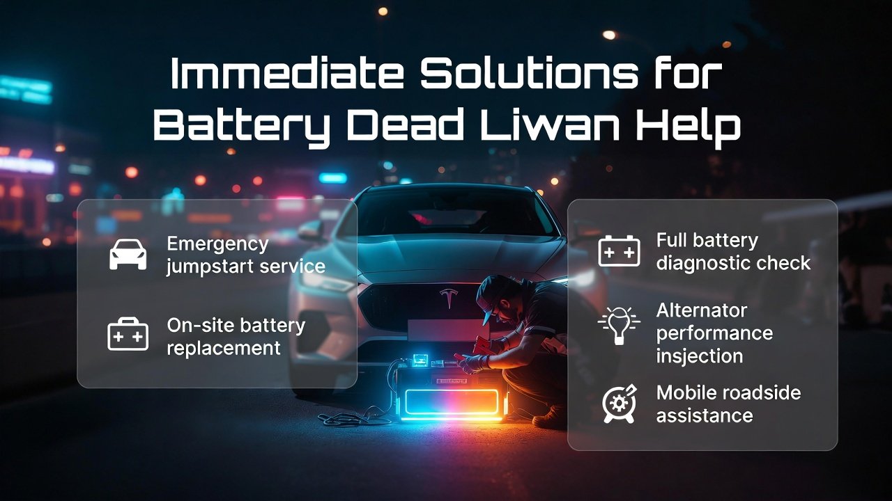 Infographic showing immediate solutions for battery dead Liwan help with a central mobile mechanic and side panels listing jumpstart, battery replacement, diagnostics, and roadside assistance.