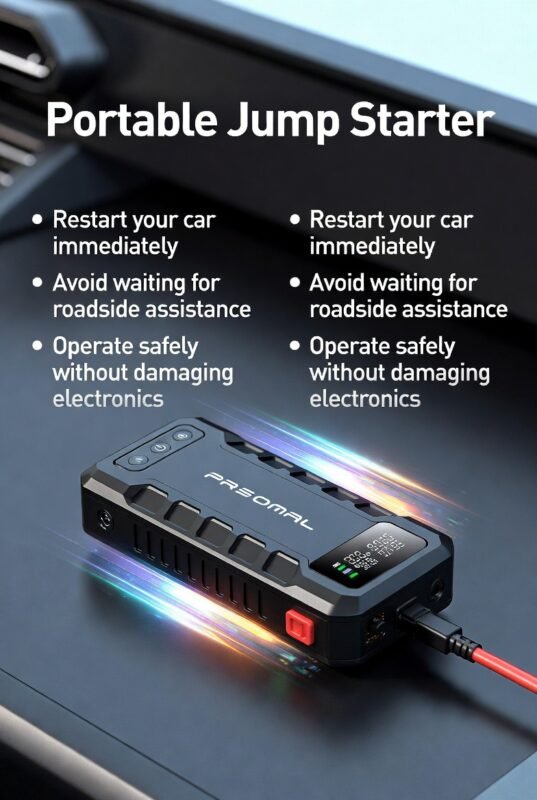 “Feature image showing top title, central high-quality portable jump starter, and key emergency use points on sides in clean, animated style.”