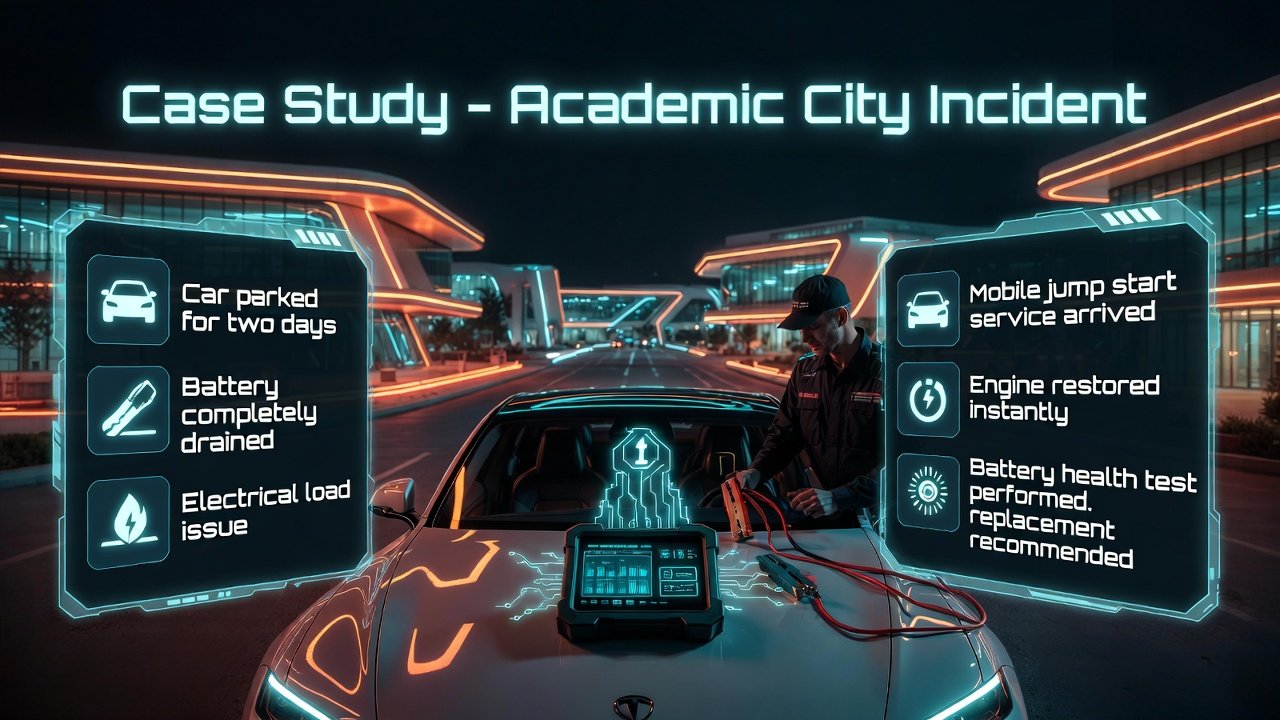 Case study infographic showing car jump start incident in Academic City Dubai with battery drain, mobile repair, and replacement recommendation.