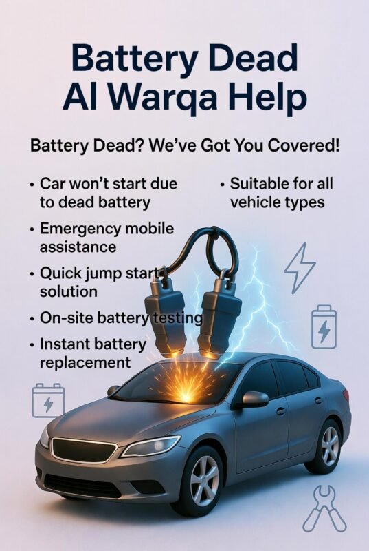 "Infographic for Battery Dead Al Warqa Help showing title at the top, key service points on both sides, and an animated central car illustration with battery jump start and electric effects."