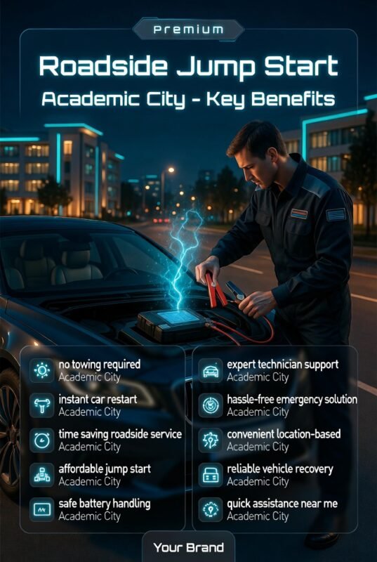 Mobile mechanic performing roadside jump start on a luxury car in Academic City with infographic-style benefits listed on both sides showing fast, safe, and affordable service advantages.