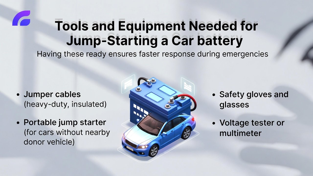 "High-quality user guide illustration showing the title at the top, animated premium car or battery in the center, and essential jump start tools displayed on both sides as bullet points."