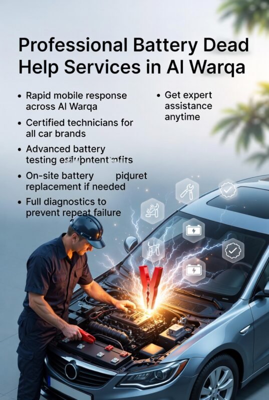 "Infographic showing professional battery dead help services in Al Warqa, with title on top, key service features on both sides, and animated central illustration of a technician performing a car battery jump start."