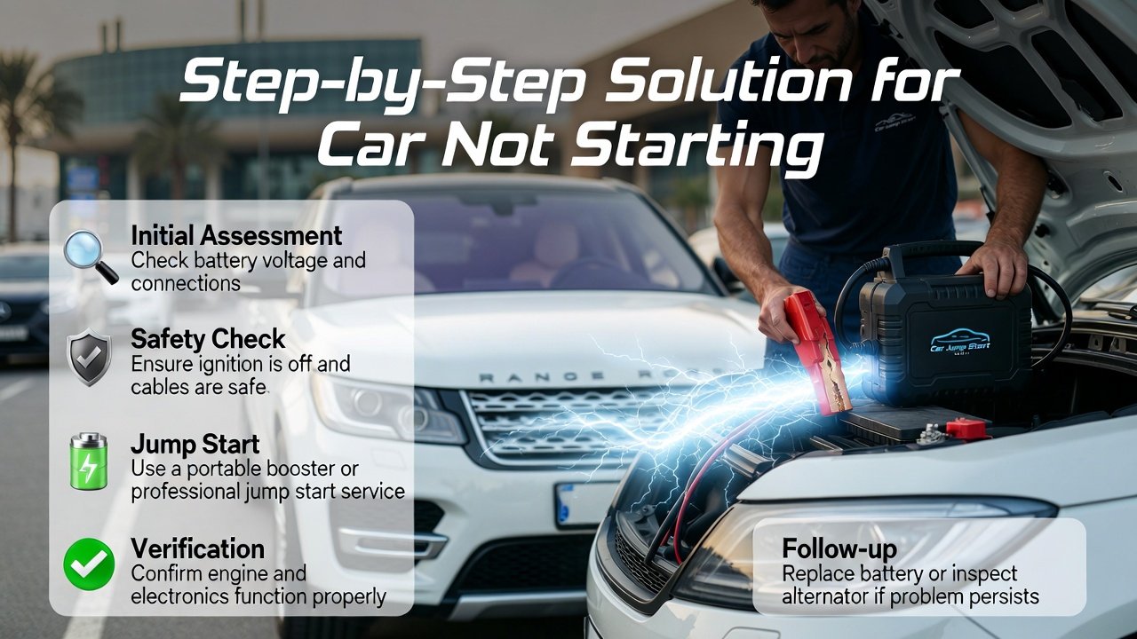 Infographic showing a luxury SUV in a Dubai mall parking lot with a technician performing a jump start, animated electricity effects, and side panels displaying step-by-step solution for car not starting.