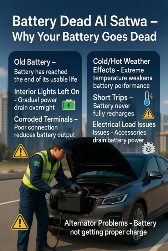 "Infographic showing Battery Dead Al Satwa – Why Your Battery Goes Dead with title at top, key causes as side bullet points, and animated-style roadside assistance technician checking a luxury SUV battery in Al Satwa with icons for battery, interior lights, temperature, electrical load, alternator, and warnings."