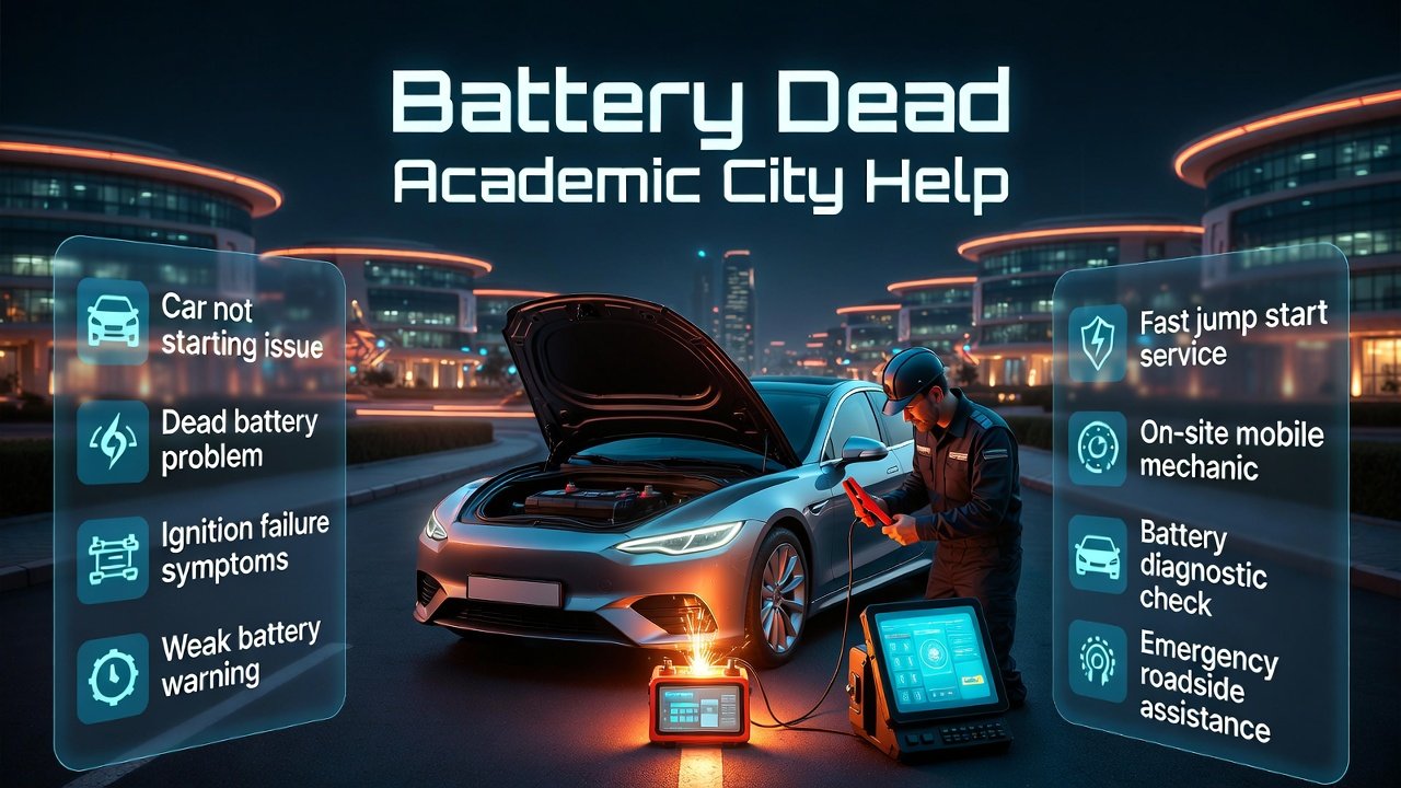 Infographic showing battery dead Academic City help with mobile mechanic, jump start service, and roadside assistance solutions.