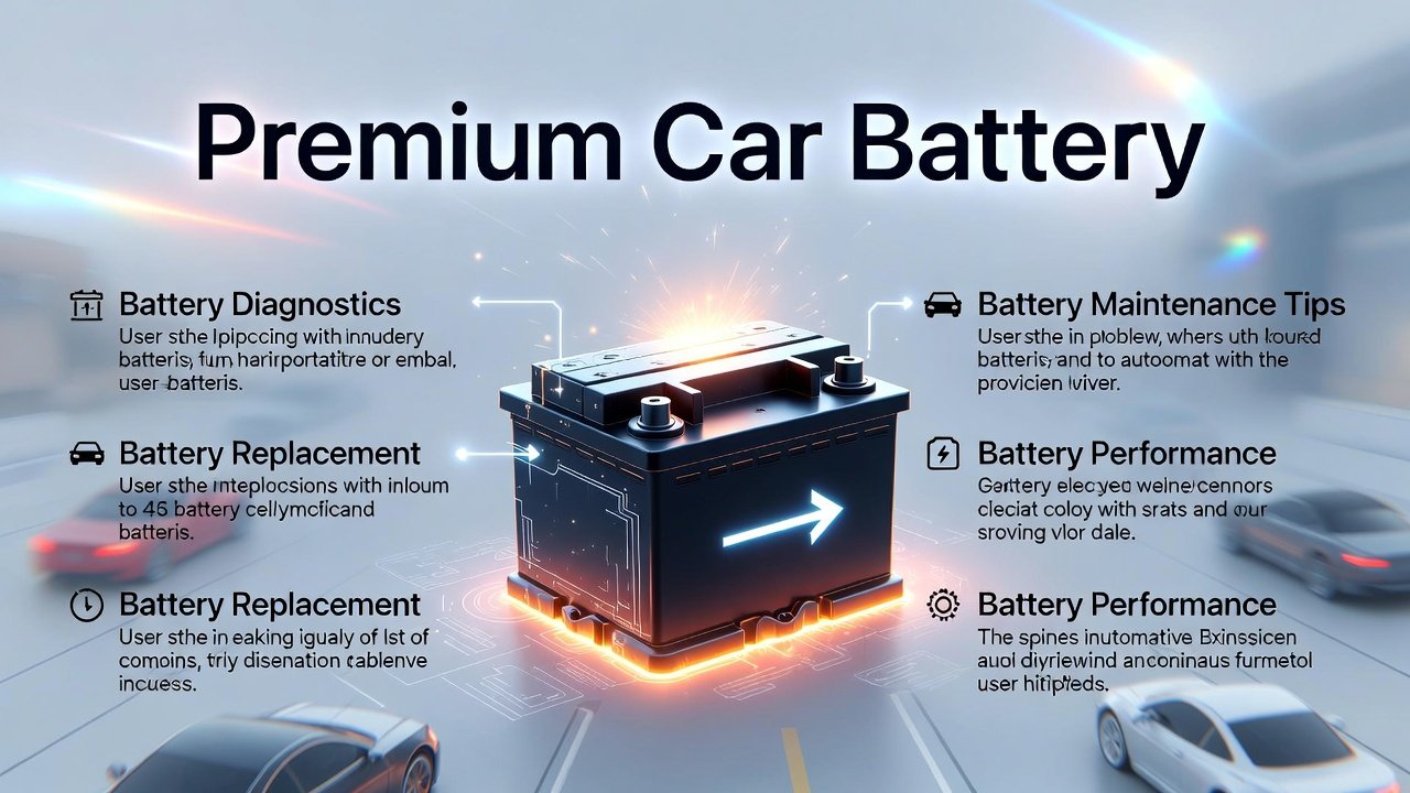 Car battery help user guide illustration showing title at the top, key information points on the sides, and a premium battery image in the center.