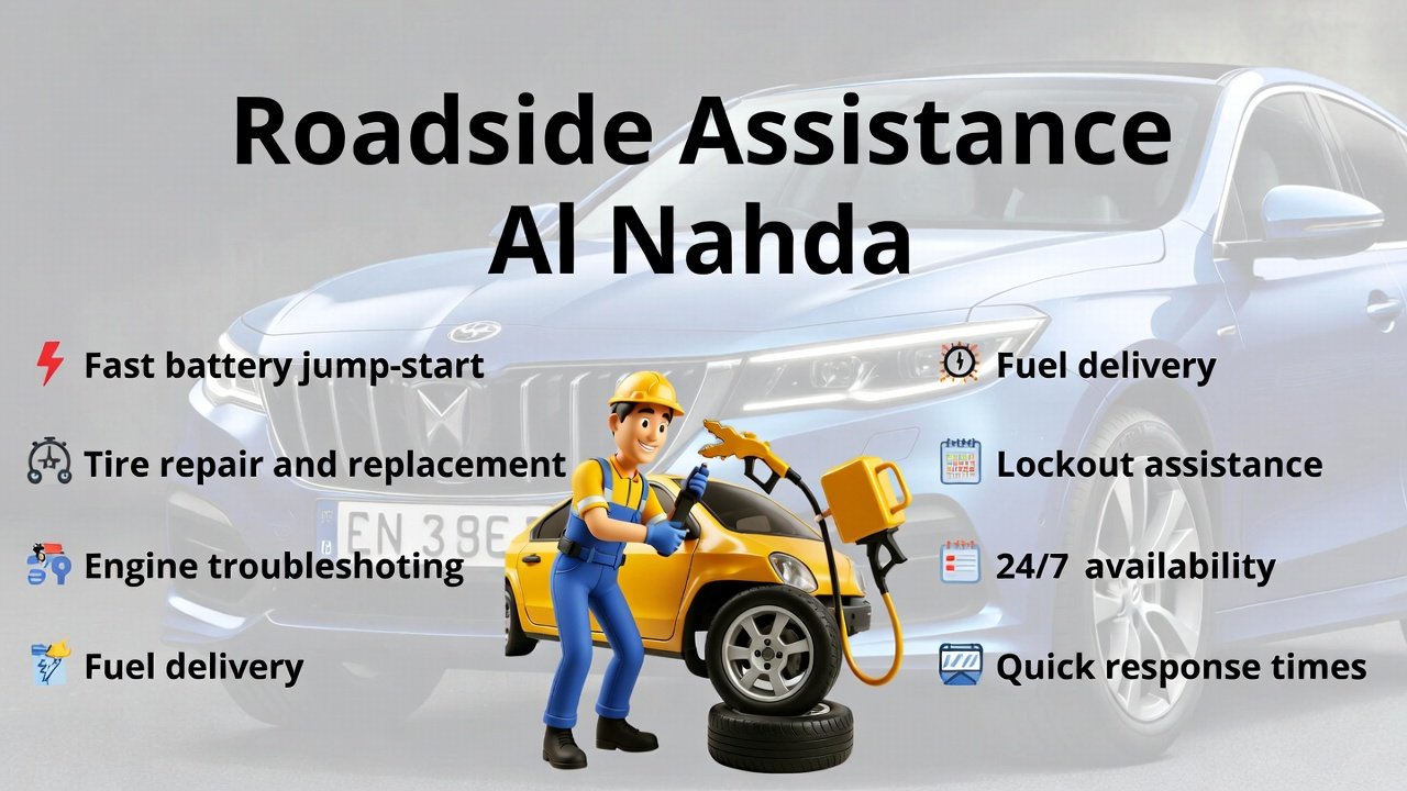 "Animated illustration of a technician providing roadside assistance in Al Nahda, with the title on top and key service points displayed on the sides."