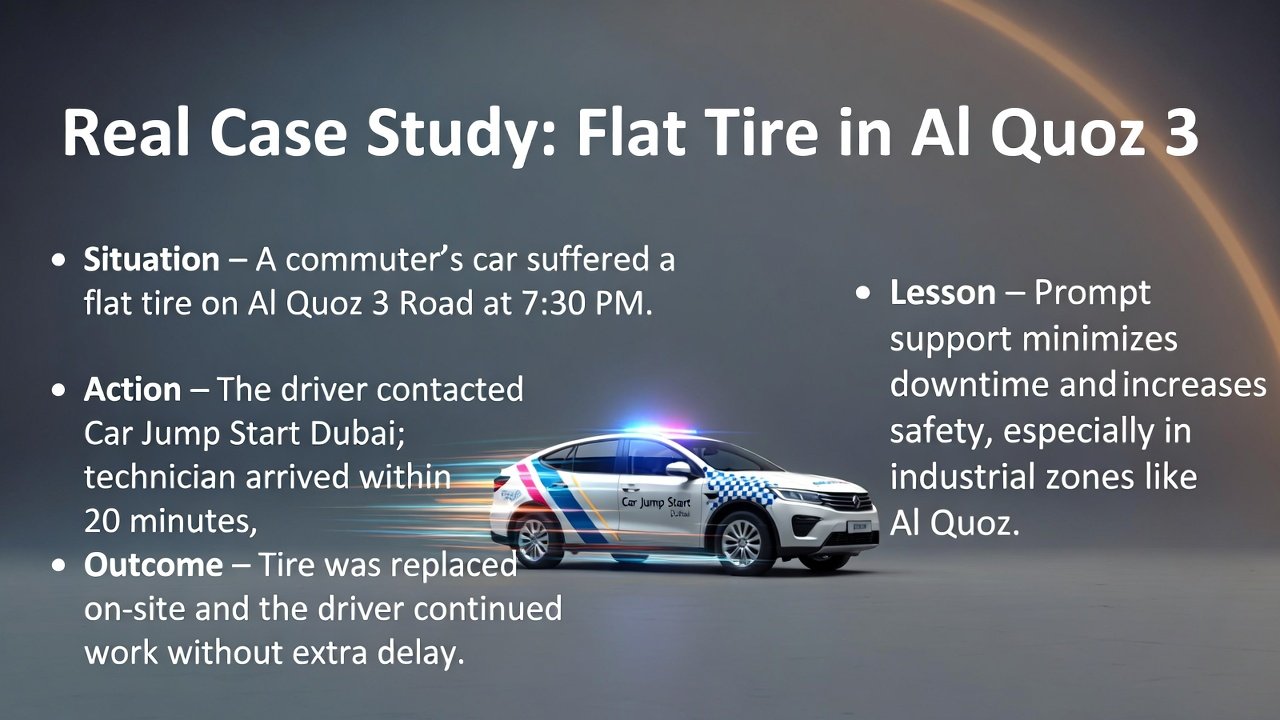 “Roadside Assistance Al Quoz user guide cover showing a real case study of a flat tire, with situation, action, outcome, and lesson on sides, and a branded roadside assistance vehicle in the center, animated style.”