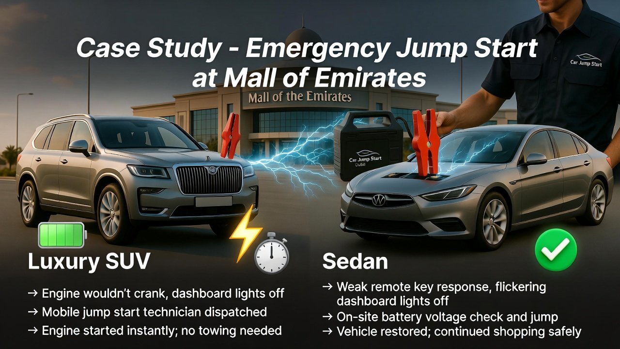 Infographic-style illustration showing a technician performing emergency jump starts on a luxury SUV and sedan at Mall of the Emirates, with animated electricity effects in the center and side panels displaying the case study results.