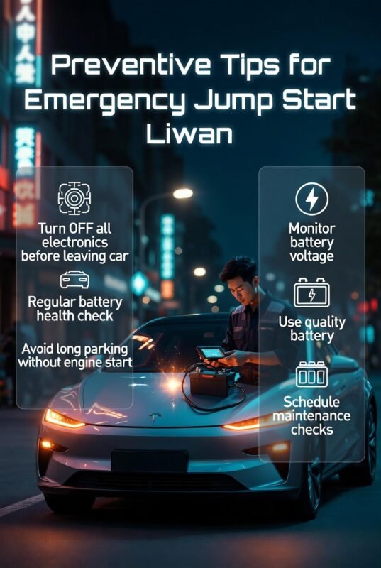Infographic showing preventive tips for emergency jump start Liwan including battery care, maintenance checks, and electrical safety.